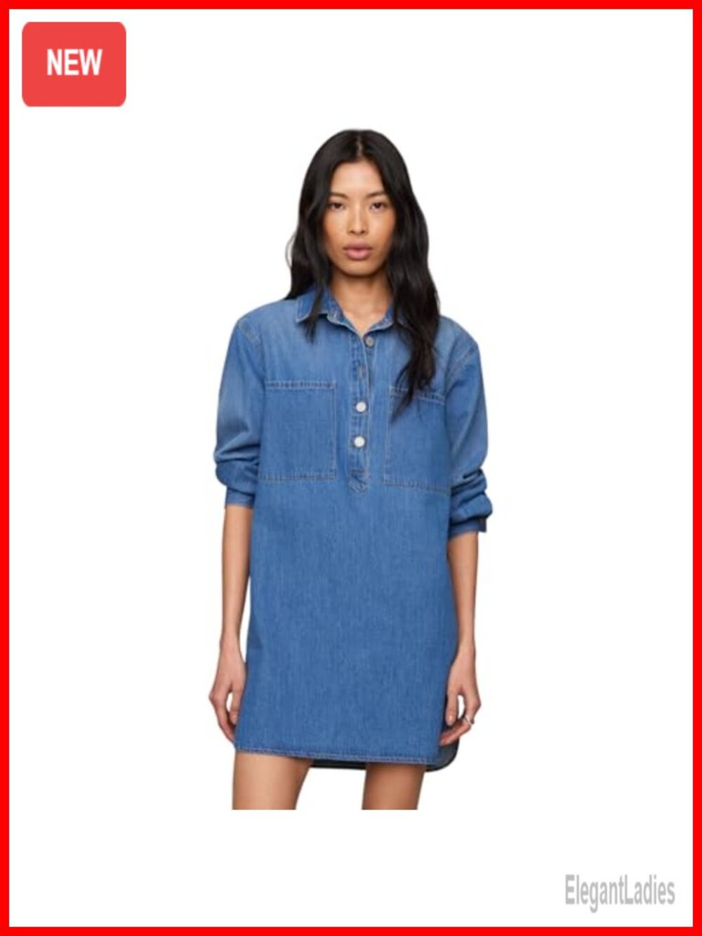 Denim Shirt Dress Collared Neck Long Sleeve Button Front Mini
